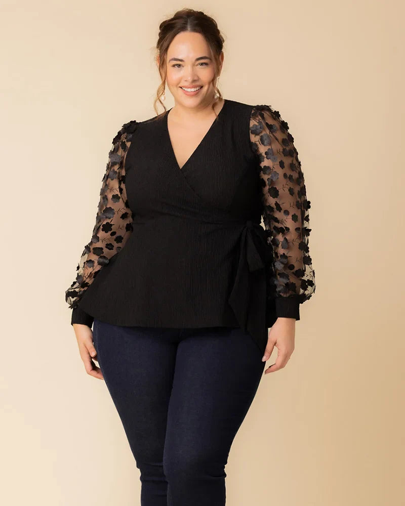 Tops Scattered Petals Long Sleeve Wrap Top