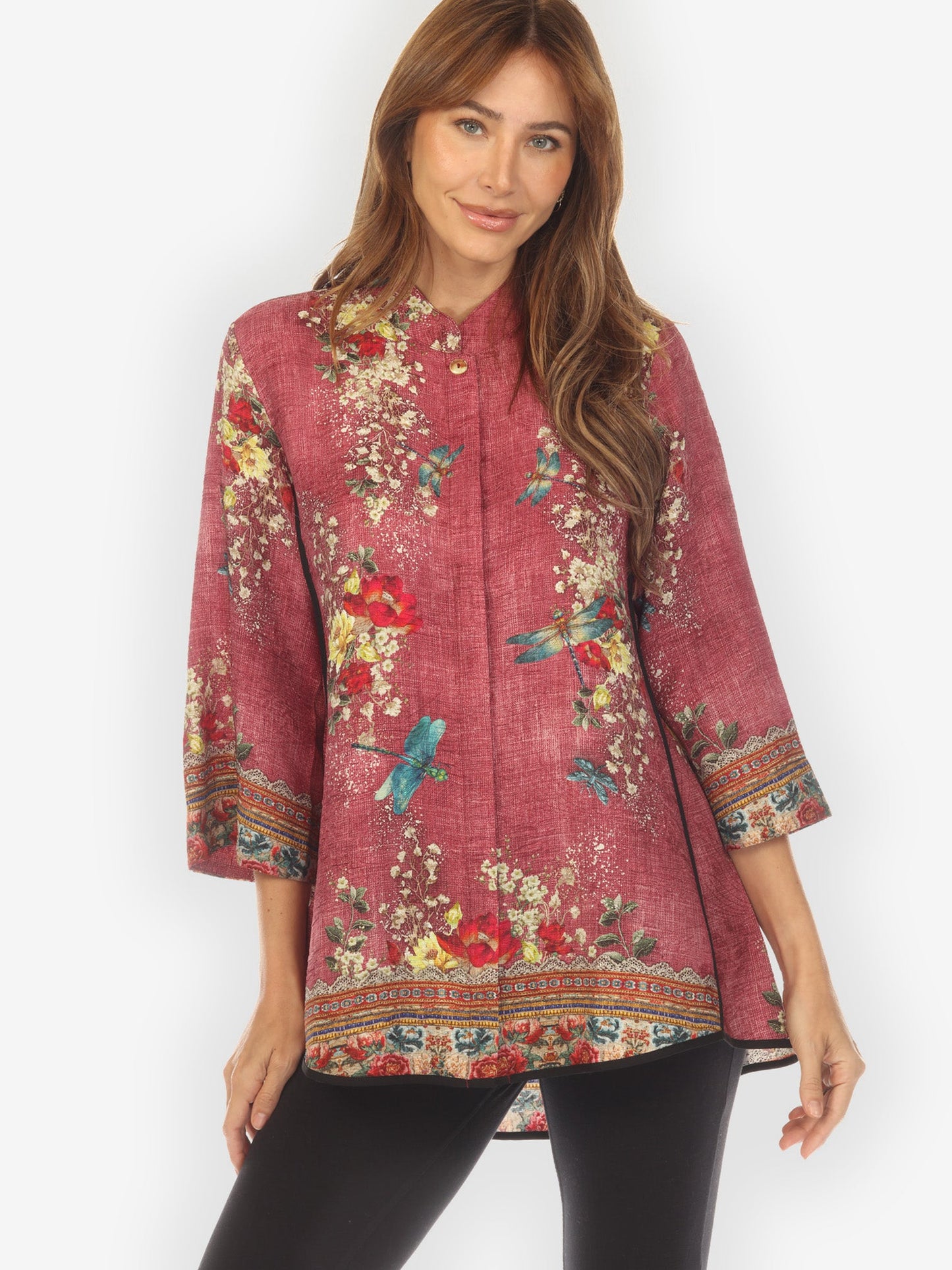 Open Front Kimono Dragonfly and Waterlilies Tummy Tuck Shirt