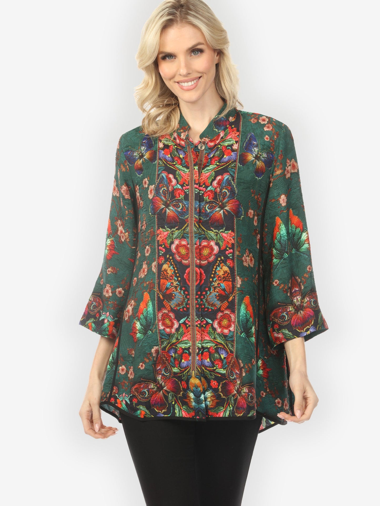 Tummy Tuck Shirt Embroidery Butterflies Blossoms in Green Tummy Tuck Shirt