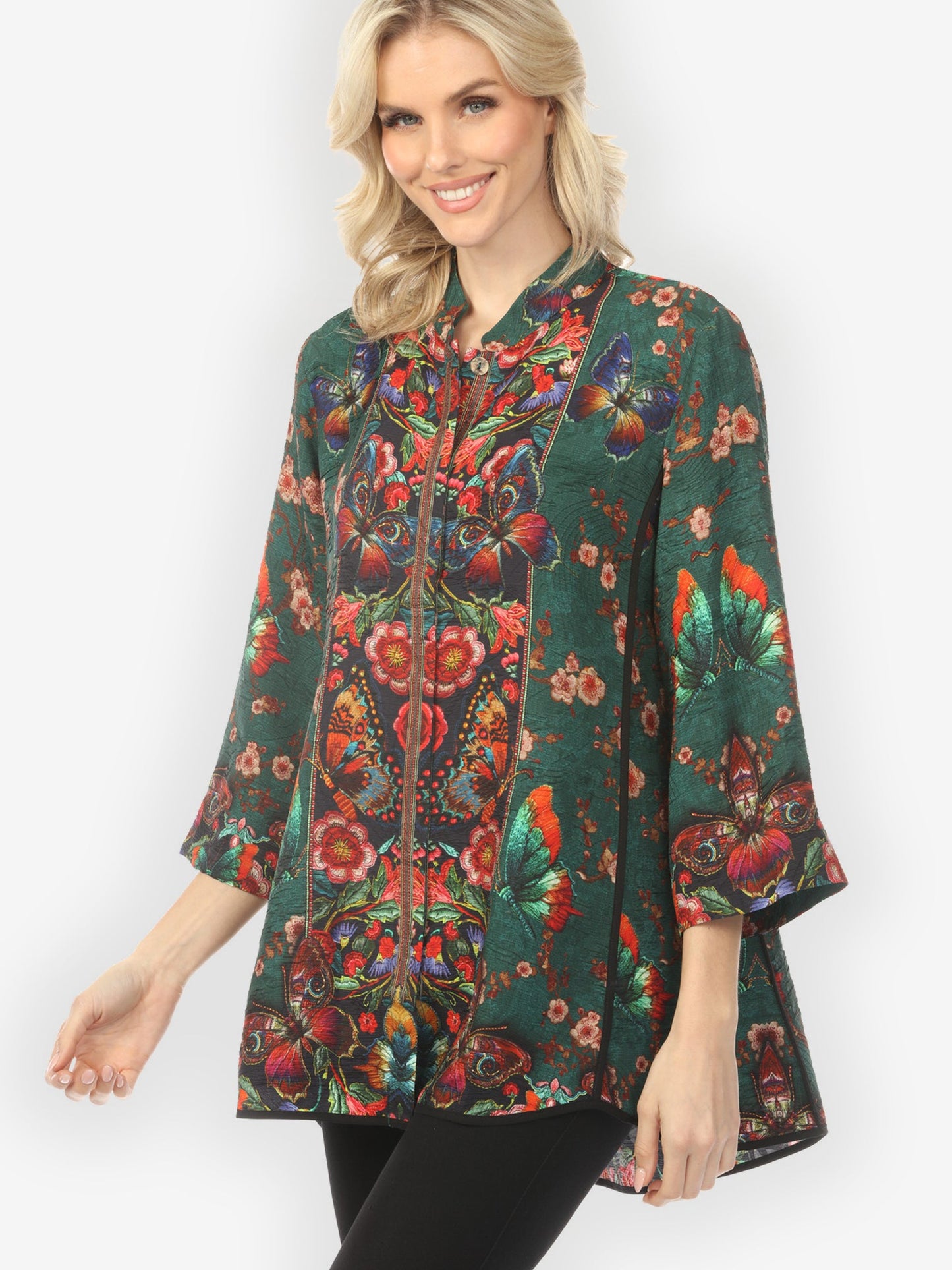 Tummy Tuck Shirt Embroidery Butterflies Blossoms in Green Tummy Tuck Shirt