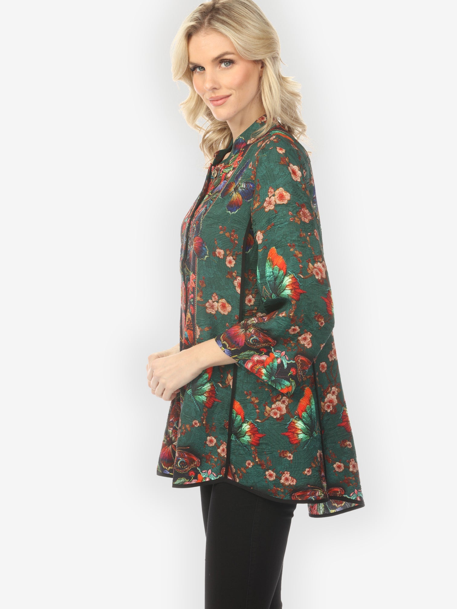 Tummy Tuck Shirt Embroidery Butterflies Blossoms in Green Tummy Tuck Shirt