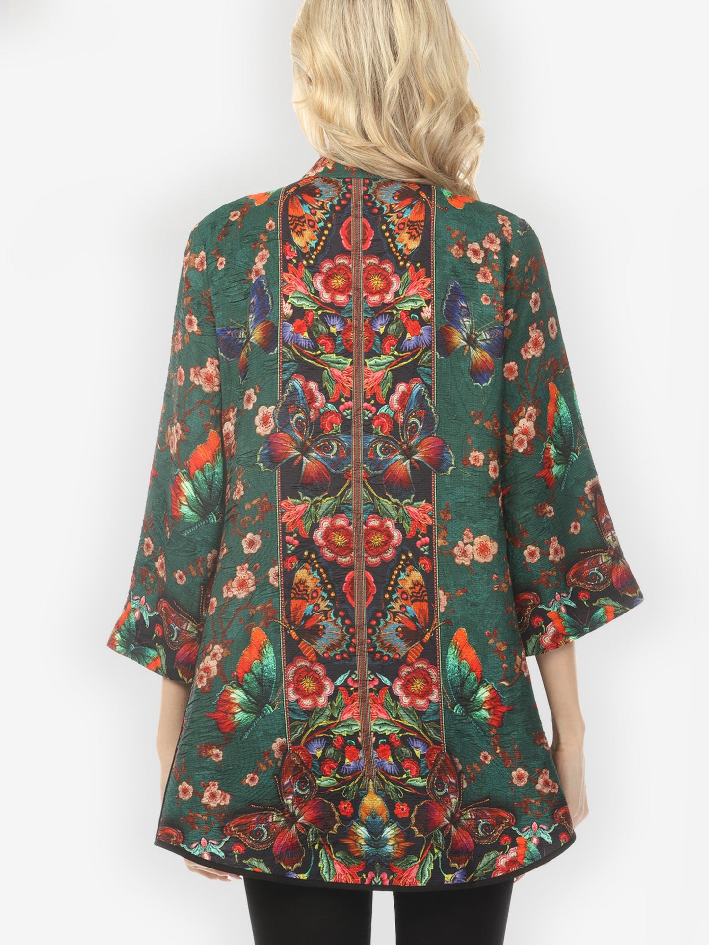 Tummy Tuck Shirt Embroidery Butterflies Blossoms in Green Tummy Tuck Shirt