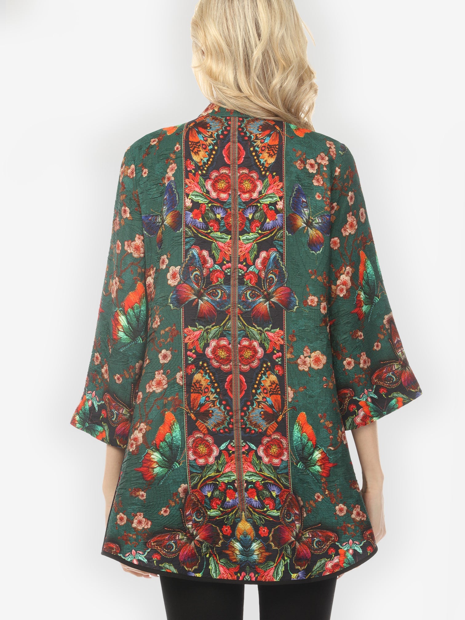 Tummy Tuck Shirt Embroidery Butterflies Blossoms in Green Tummy Tuck Shirt