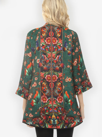 Tummy Tuck Shirt Embroidery Butterflies Blossoms in Green Tummy Tuck Shirt