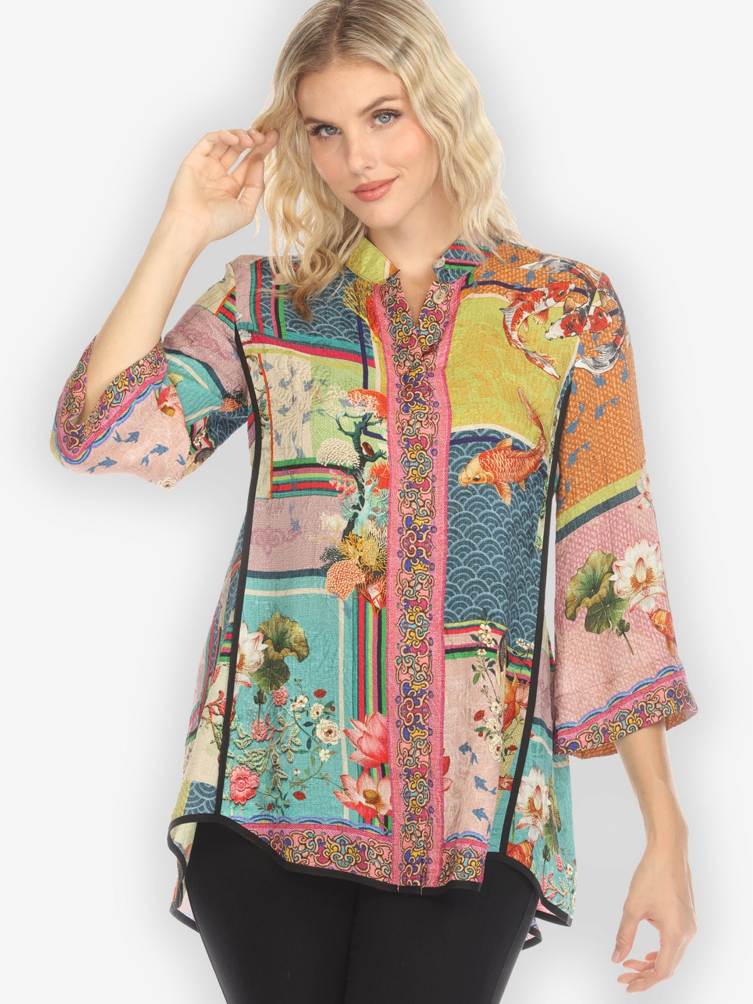 Jackets Koi Fish Block Pattern Tummy Tuck Shirt