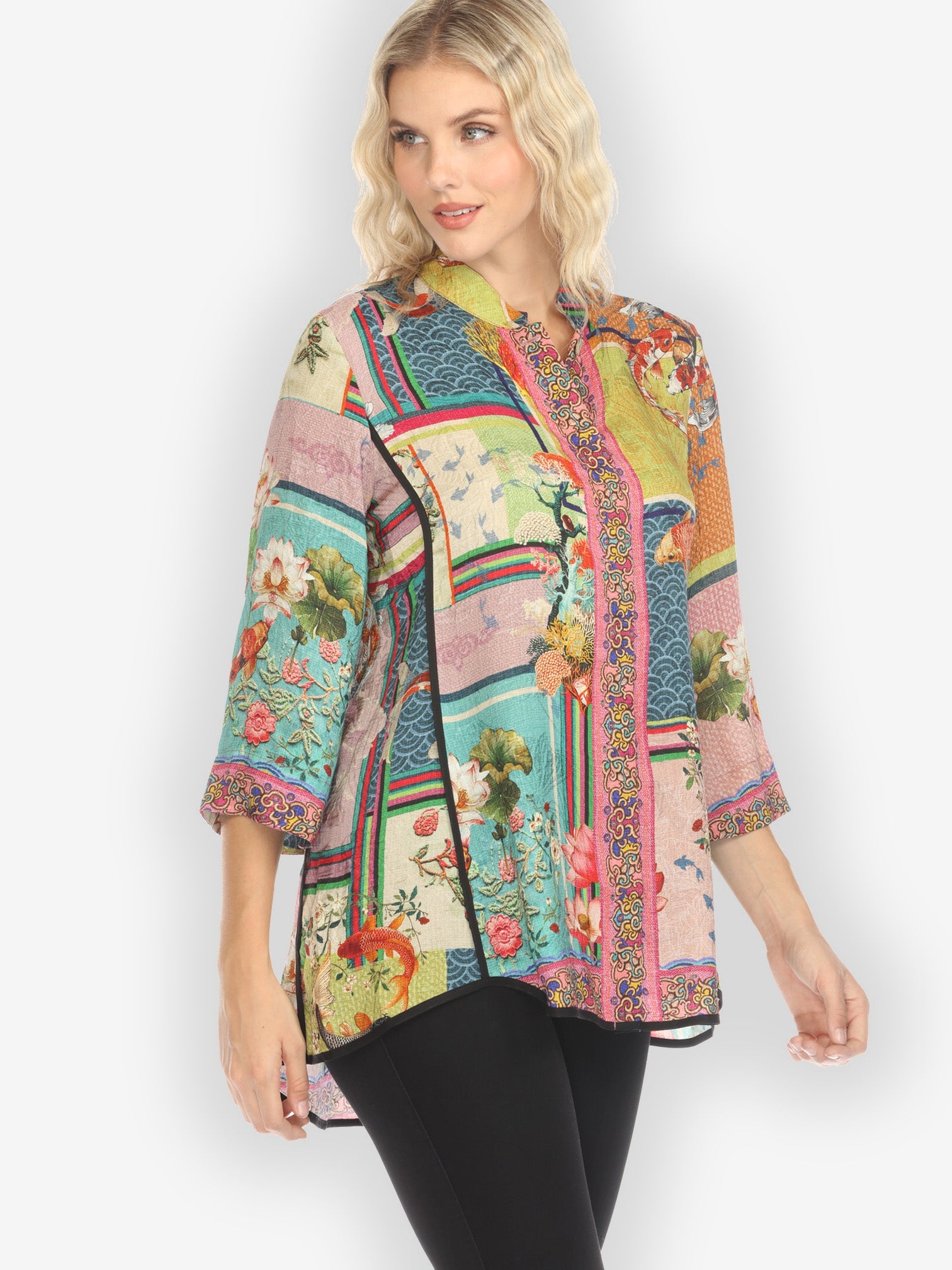 Jackets Koi Fish Block Pattern Tummy Tuck Shirt