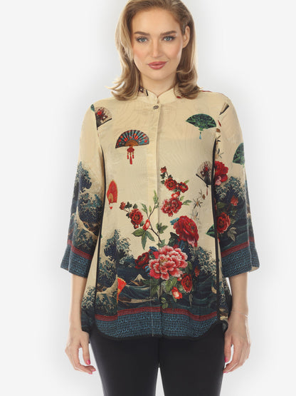 Tummy Tuck Shirt Waves Fans Flowers in Cream Silk Tummy Tuck Shirt