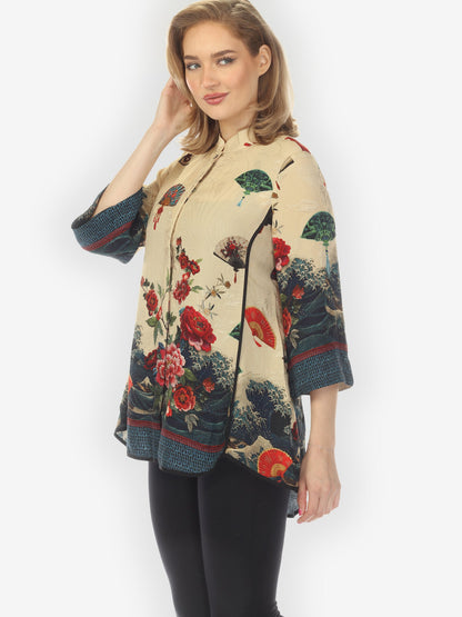 Tummy Tuck Shirt Waves Fans Flowers in Cream Silk Tummy Tuck Shirt