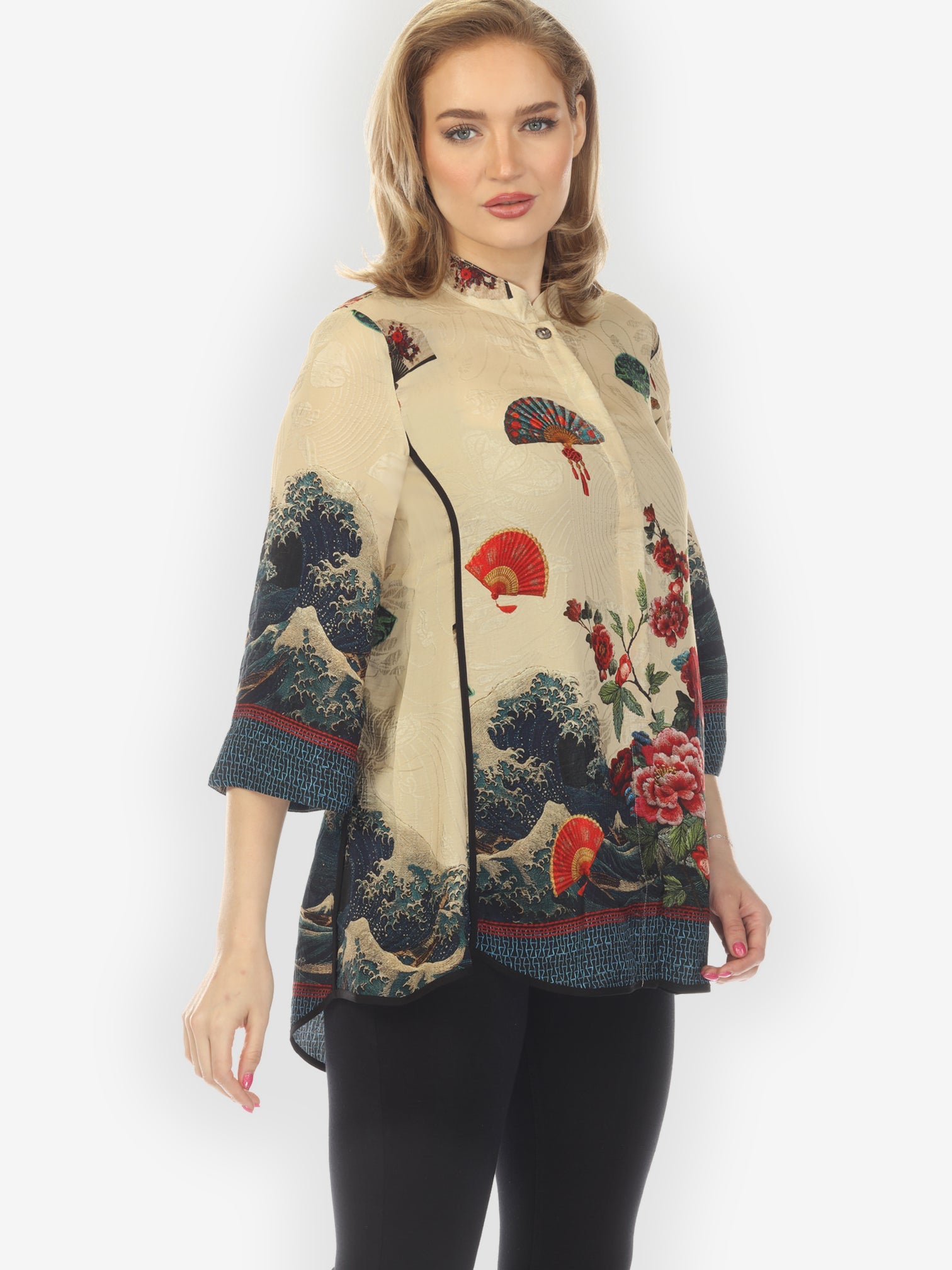 Tummy Tuck Shirt Waves Fans Flowers in Cream Silk Tummy Tuck Shirt