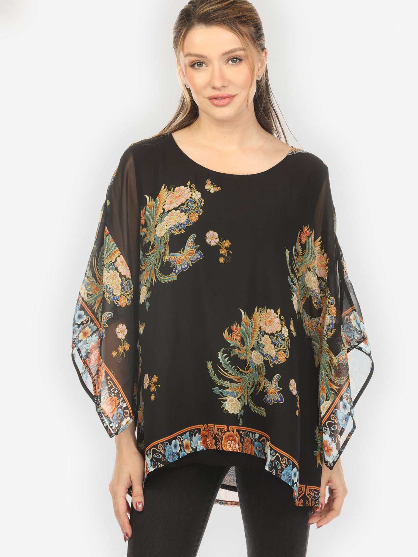 Double Layer Silk Pullover Top Butterfly Flowers Phoenix Double Layer Silk Top