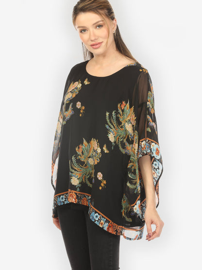 Double Layer Silk Pullover Top Butterfly Flowers Phoenix Double Layer Silk Top