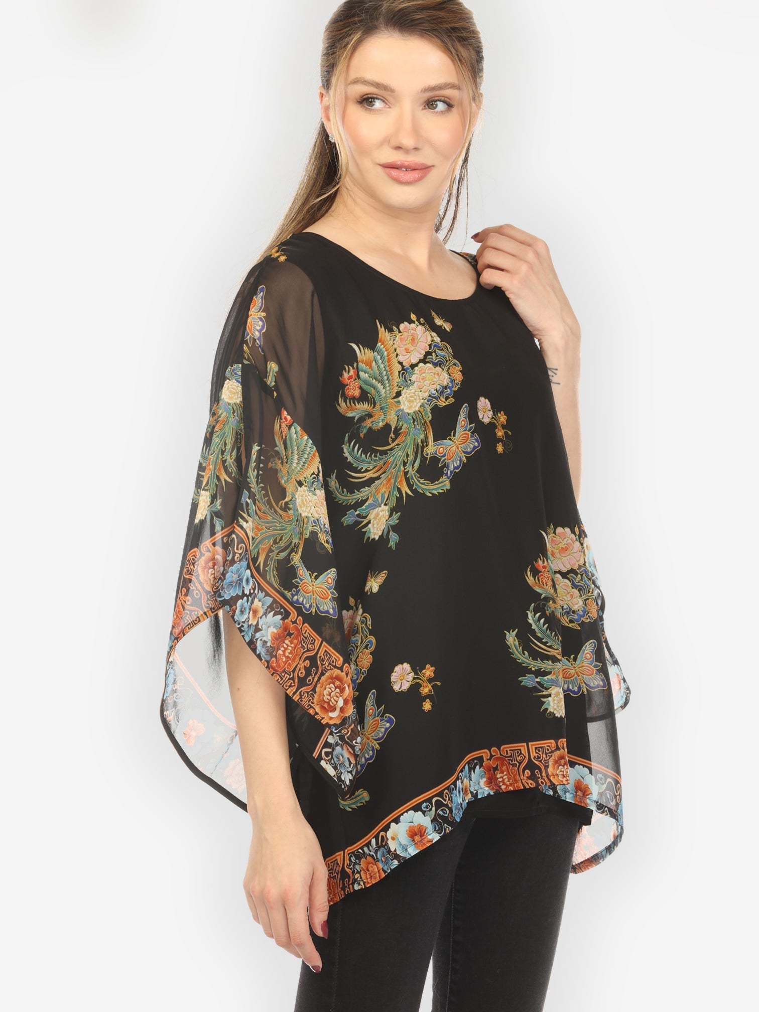Double Layer Silk Pullover Top Butterfly Flowers Phoenix Double Layer Silk Top