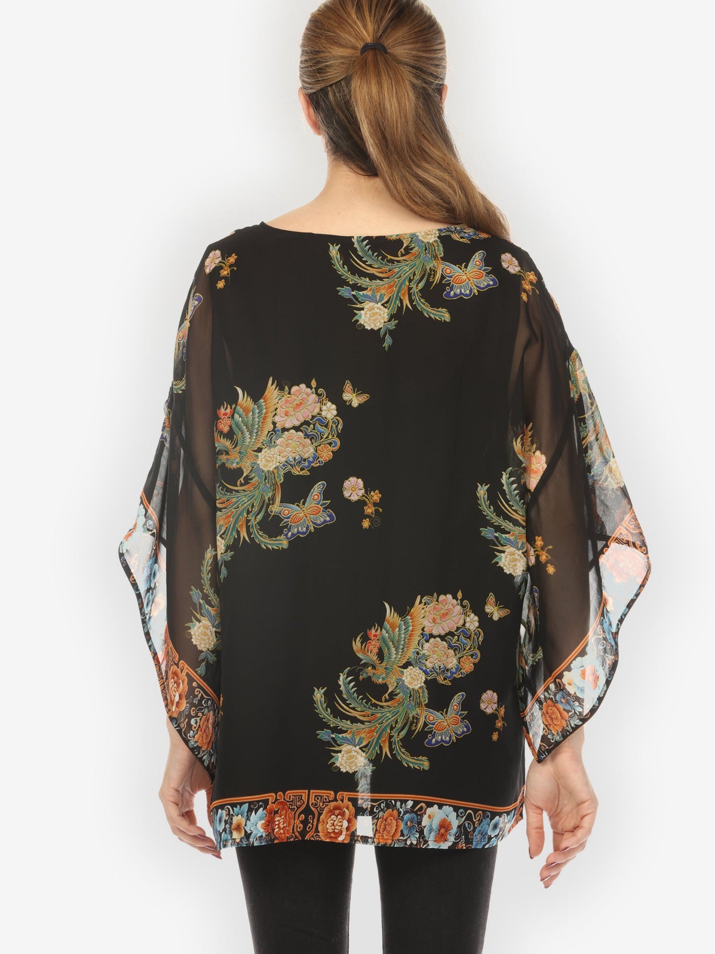 Double Layer Silk Pullover Top Butterfly Flowers Phoenix Double Layer Silk Top