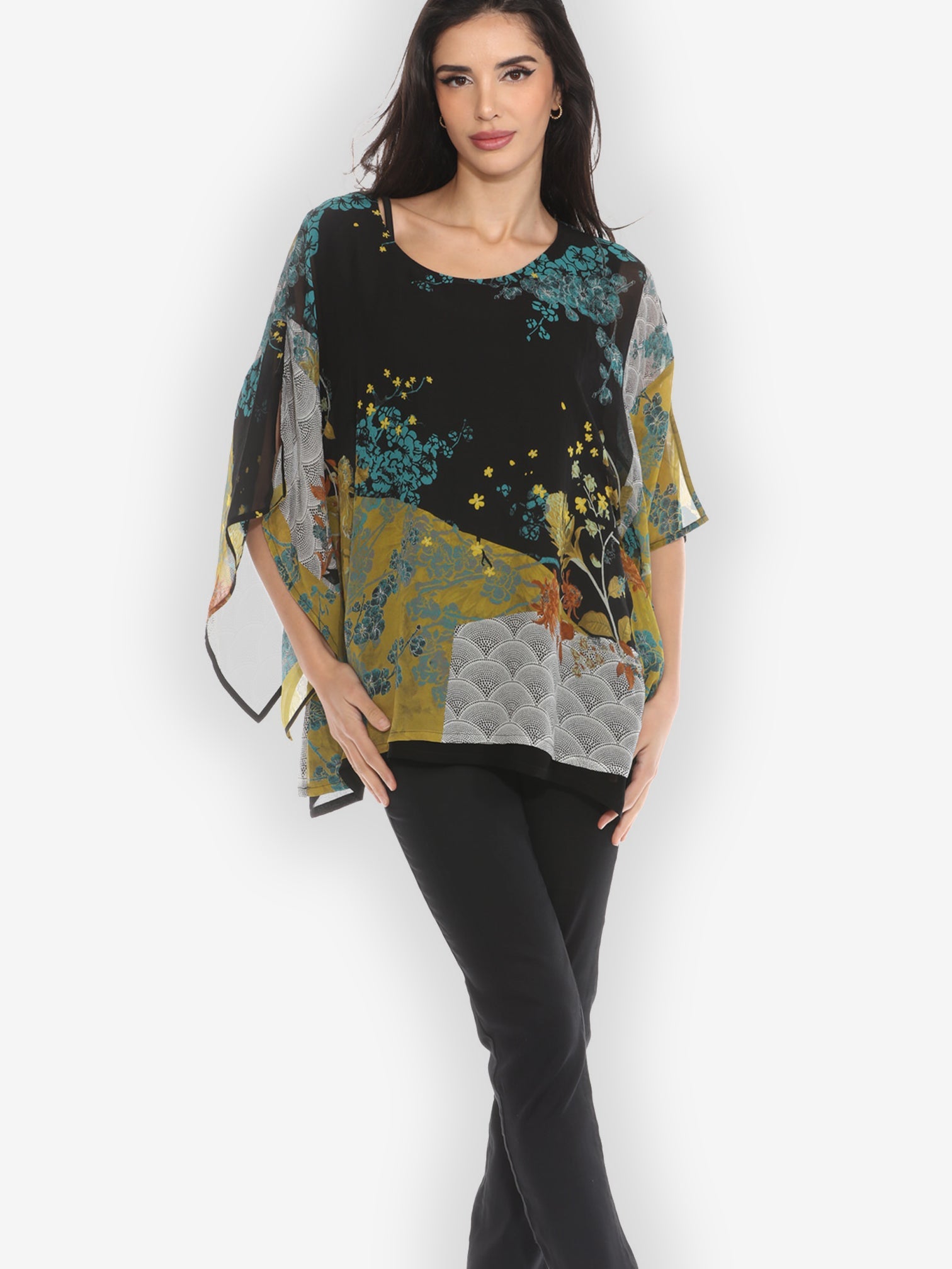 Double Layer Silk Pullover Top Bohemian Mixed Art Double Layer Silk Top