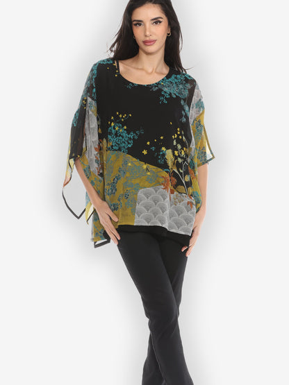 Double Layer Silk Pullover Top Bohemian Mixed Art Double Layer Silk Top