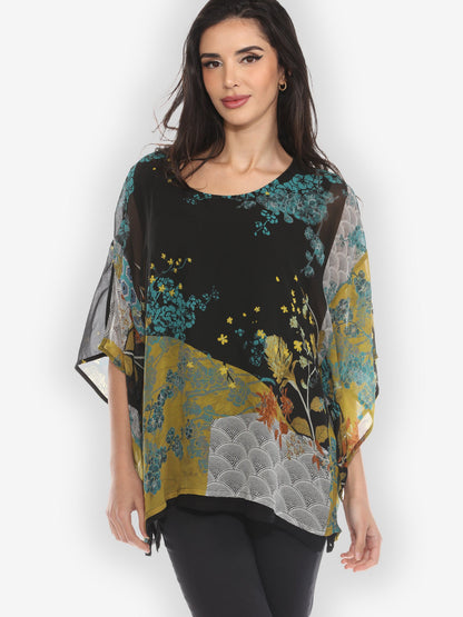 Double Layer Silk Pullover Top Bohemian Mixed Art Double Layer Silk Top