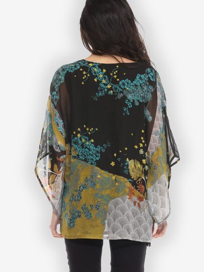 Double Layer Silk Pullover Top Bohemian Mixed Art Double Layer Silk Top