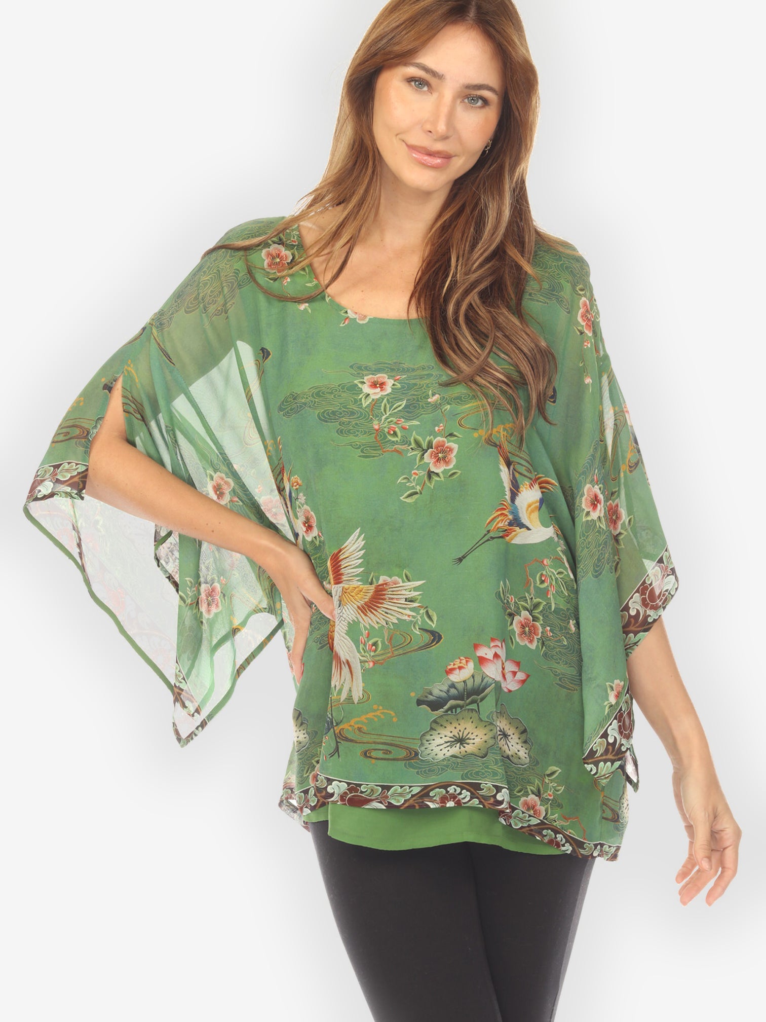 Double Layer Silk Pullover Top Elegant Crane Lotus Double Layer Silk Top