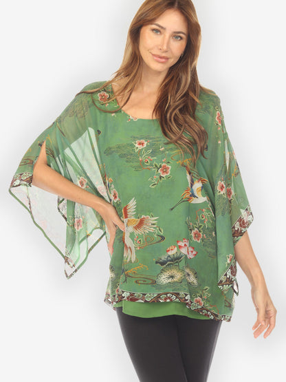 Double Layer Silk Pullover Top Elegant Crane Lotus Double Layer Silk Top