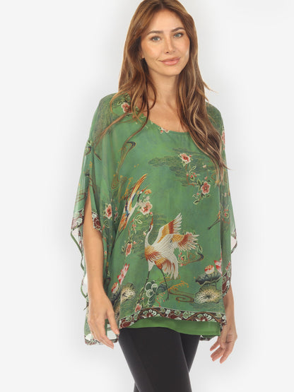 Double Layer Silk Pullover Top Elegant Crane Lotus Double Layer Silk Top