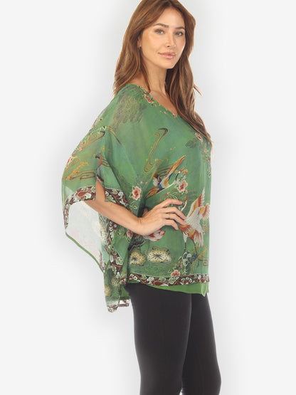 Double Layer Silk Pullover Top Elegant Crane Lotus Double Layer Silk Top