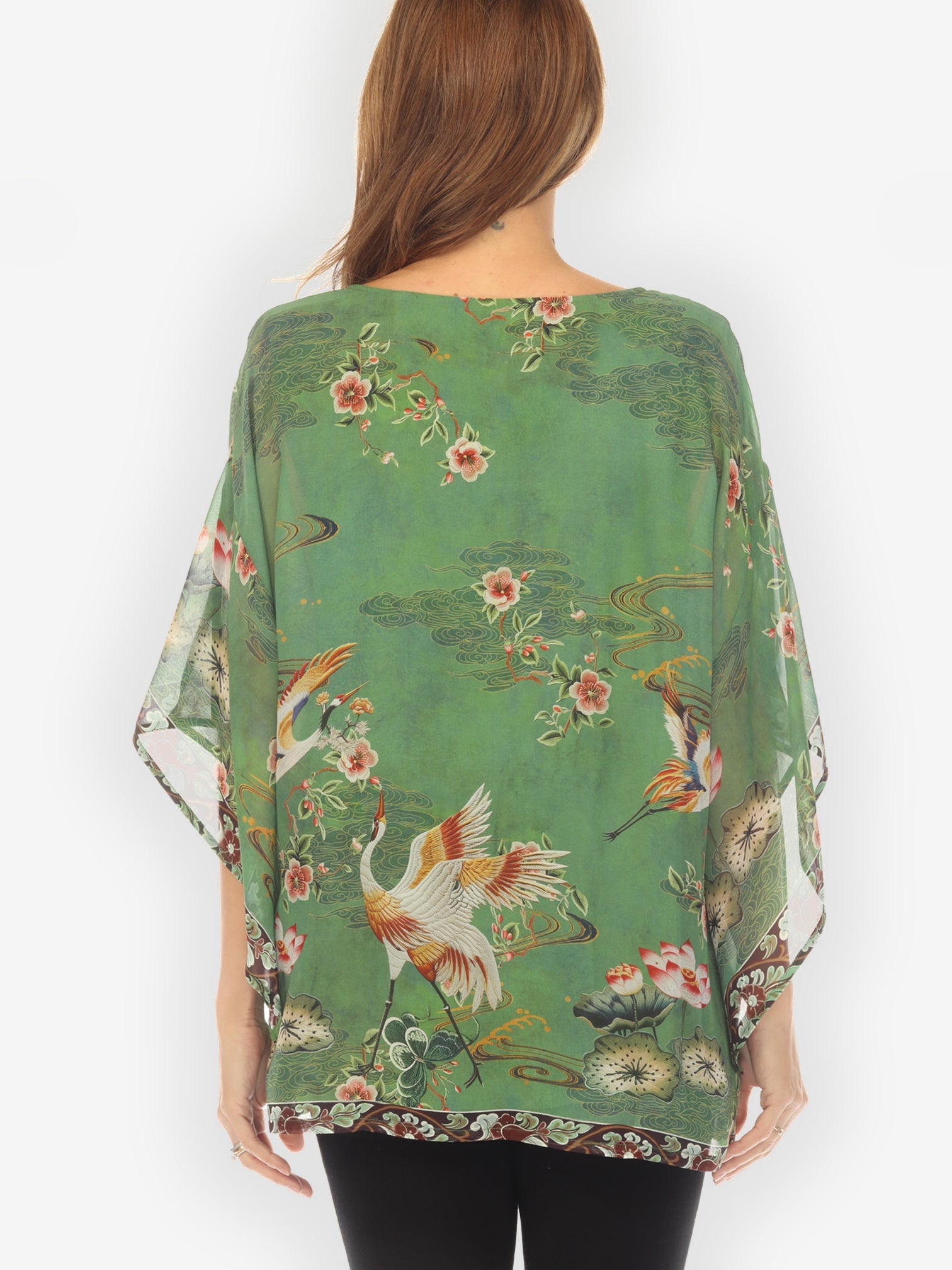 Double Layer Silk Pullover Top Elegant Crane Lotus Double Layer Silk Top