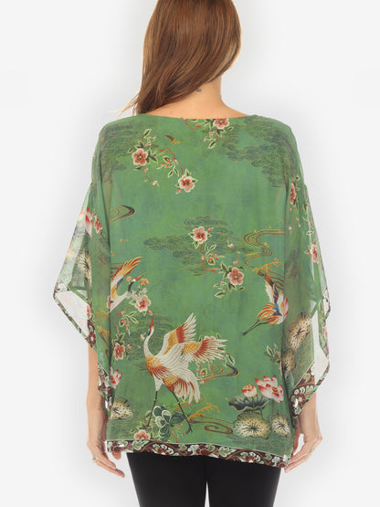 Double Layer Silk Pullover Top Elegant Crane Lotus Double Layer Silk Top
