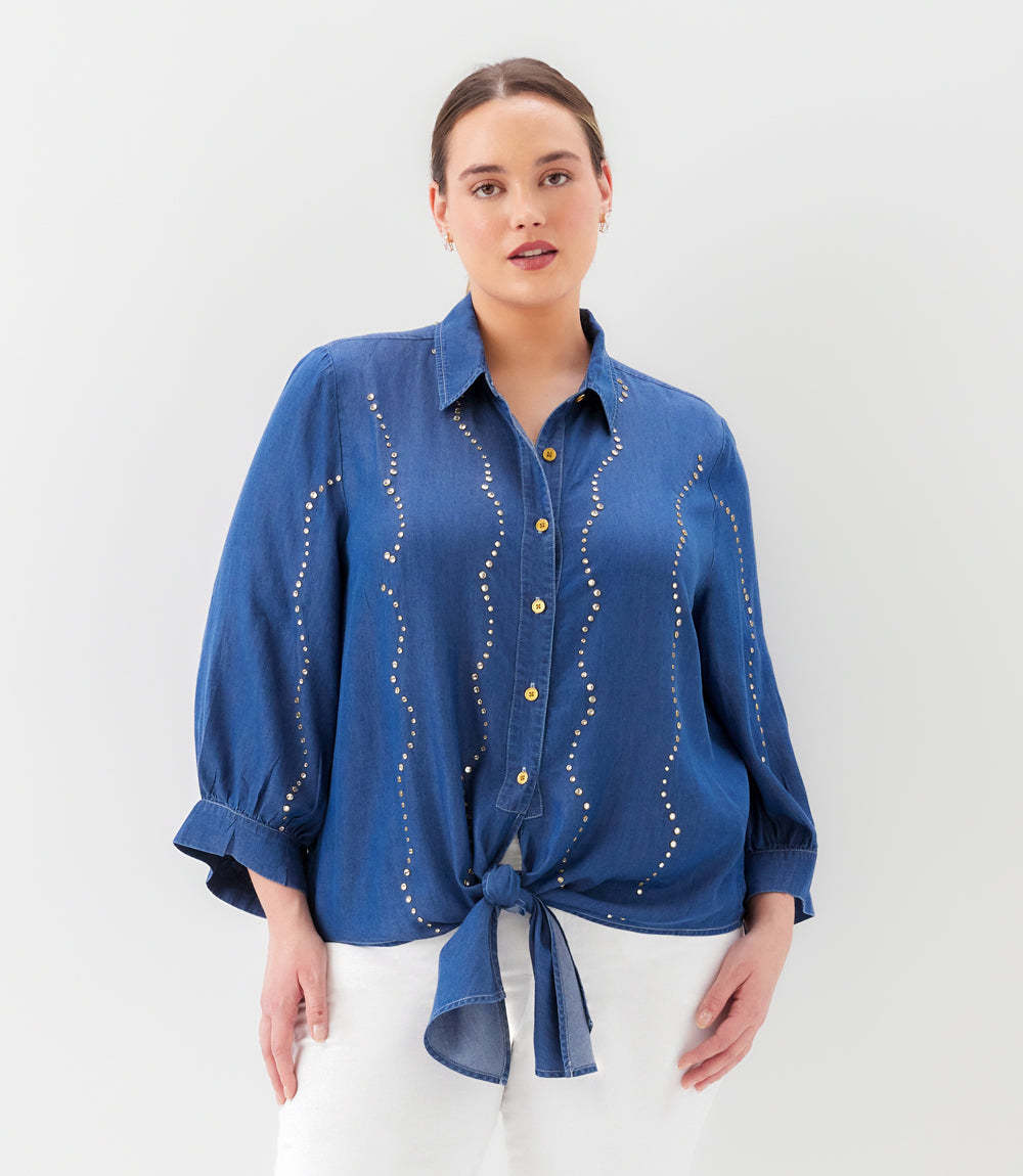 top Plus Size Blouson Sleeve Gemstone Denim Shirt