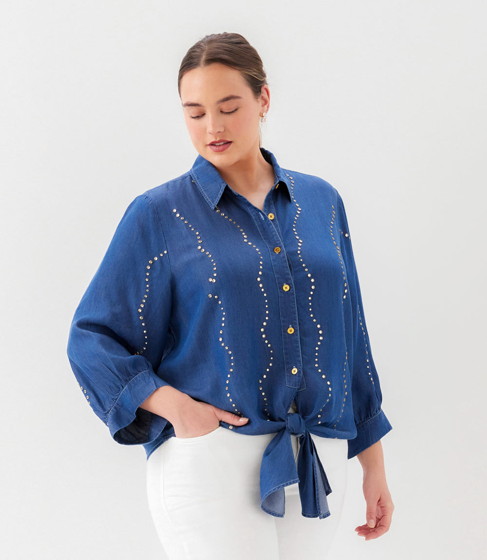 top Plus Size Blouson Sleeve Gemstone Denim Shirt