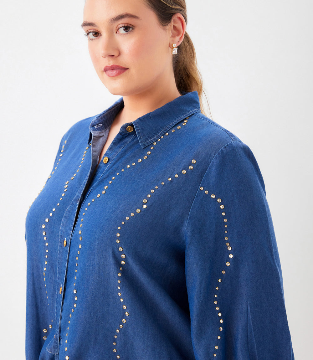top Plus Size Blouson Sleeve Gemstone Denim Shirt