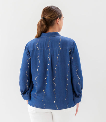 top Plus Size Blouson Sleeve Gemstone Denim Shirt