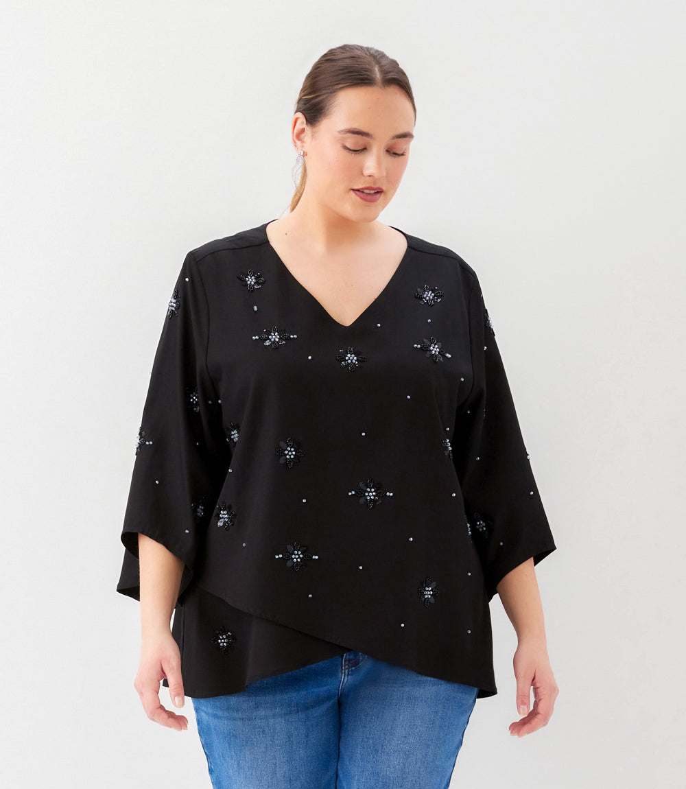top Plus Size Bracelet Sleeve Embellished Asymmetric Top