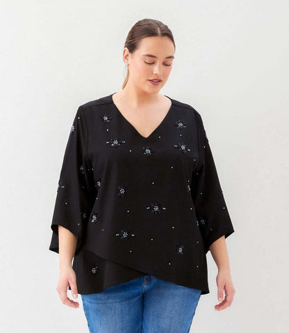 top Plus Size Bracelet Sleeve Embellished Asymmetric Top