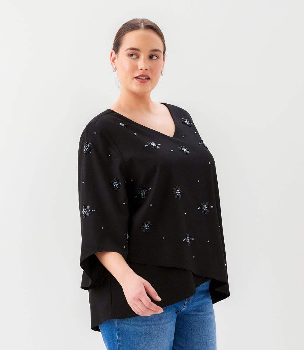 top Plus Size Bracelet Sleeve Embellished Asymmetric Top