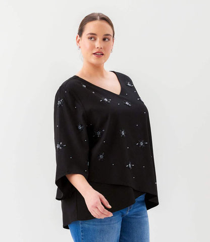 top Plus Size Bracelet Sleeve Embellished Asymmetric Top