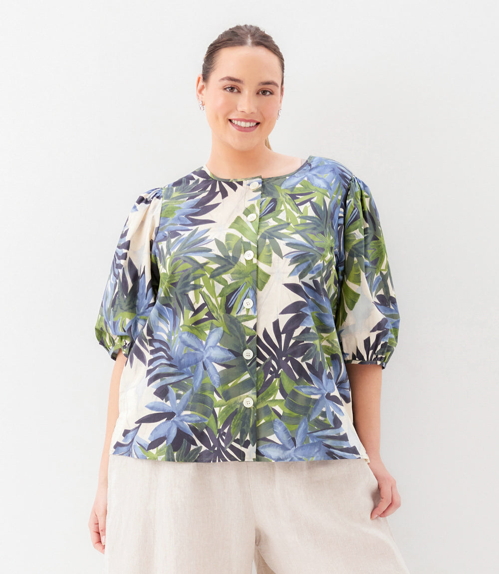 top Plus Size Puff Sleeve Button Front Shirt