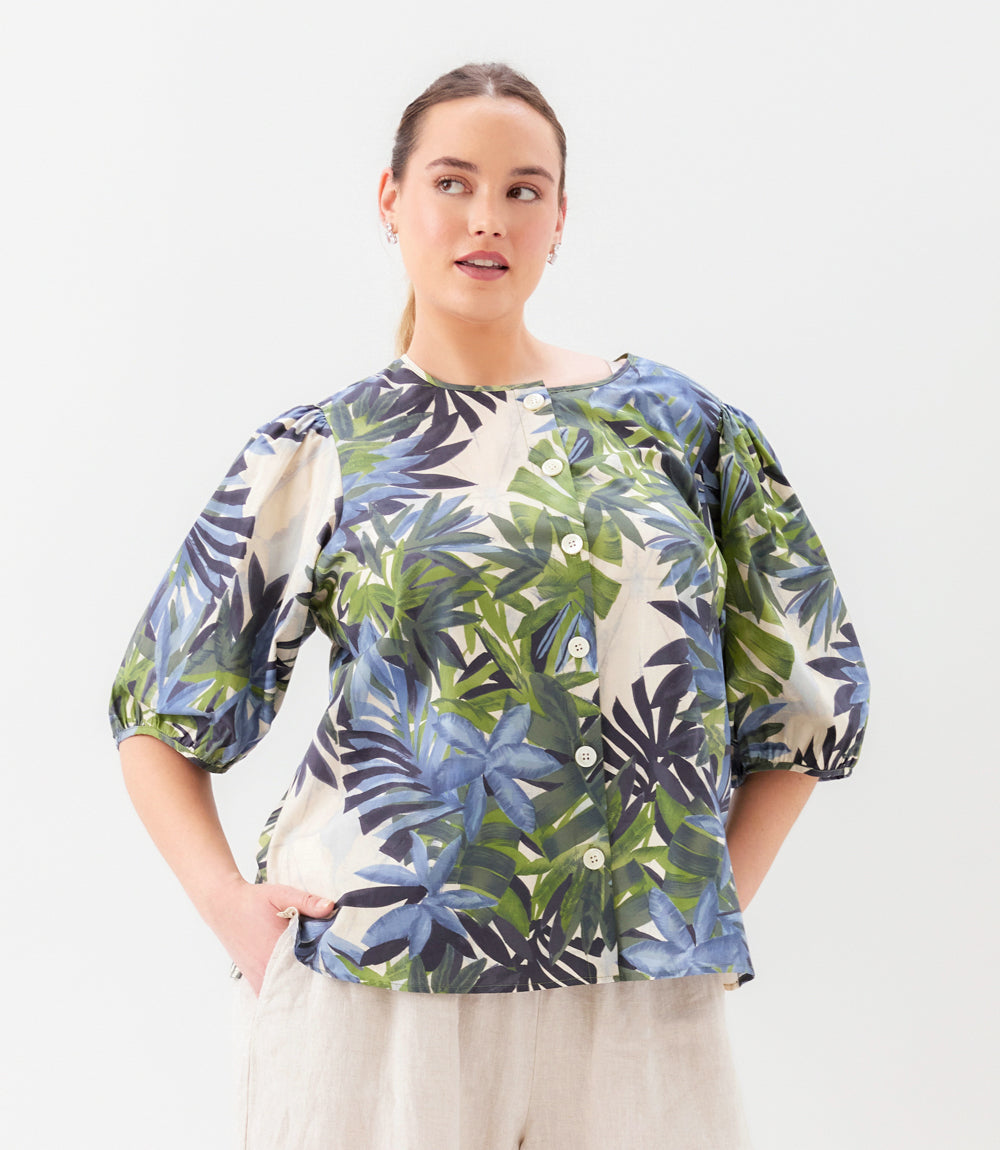 top Plus Size Puff Sleeve Button Front Shirt