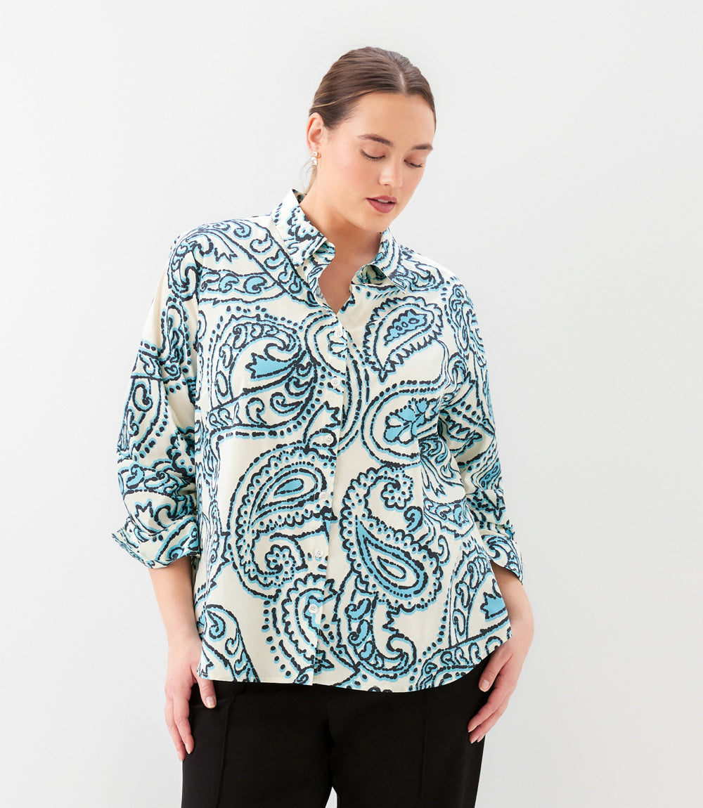 top Plus Size Ruched Sleeve Button- Up Shirt