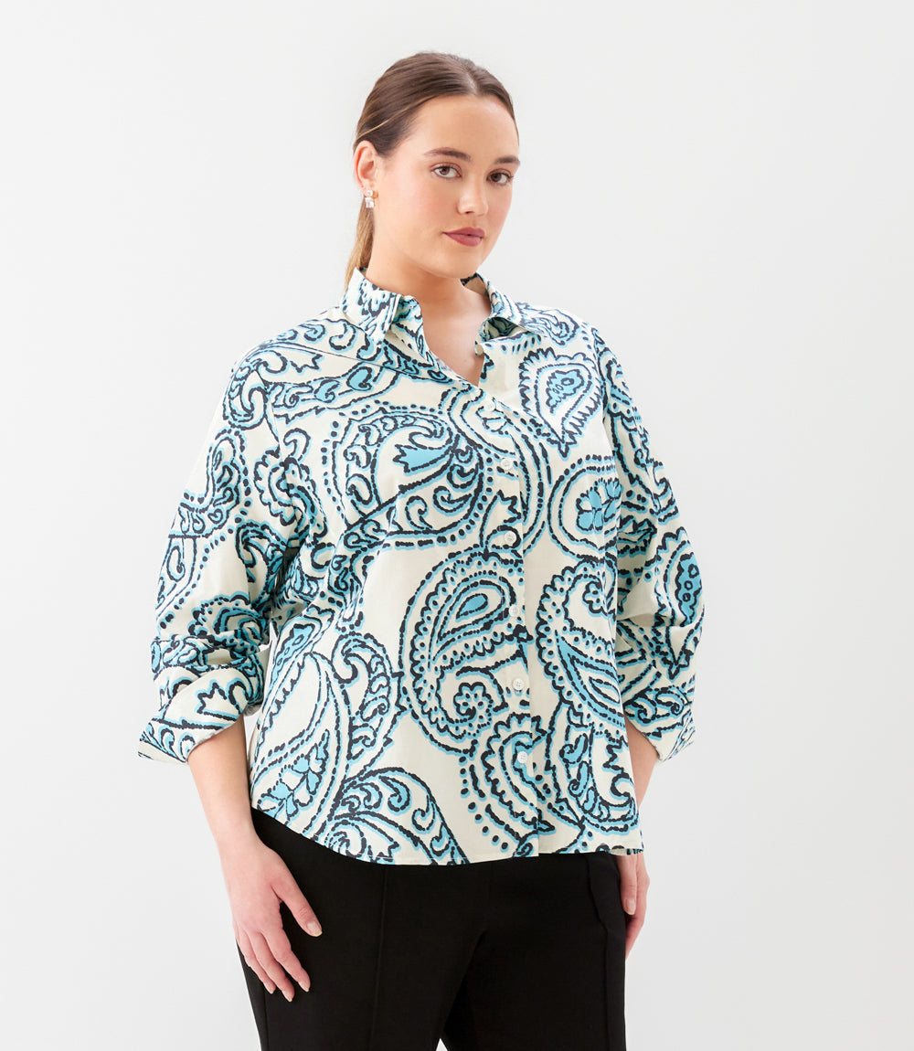 top Plus Size Ruched Sleeve Button- Up Shirt