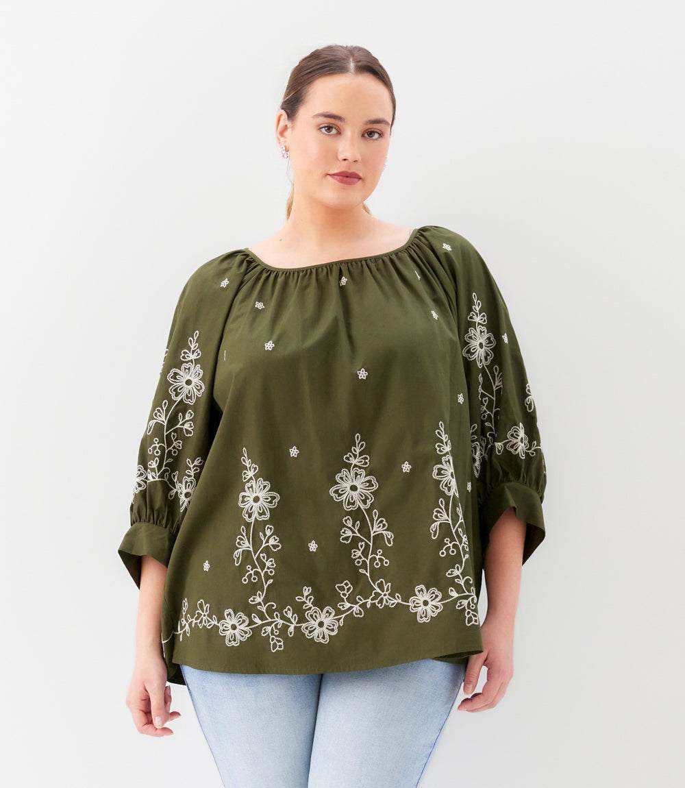 top Plus Size Embroidered Blouson Sleeve Top