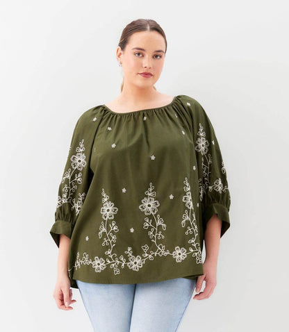 top Plus Size Embroidered Blouson Sleeve Top