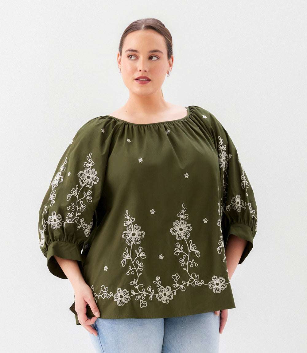 top Plus Size Embroidered Blouson Sleeve Top
