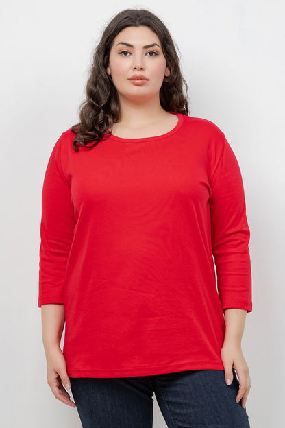 Tops Red Cotton 3/4 Sleeve Tee