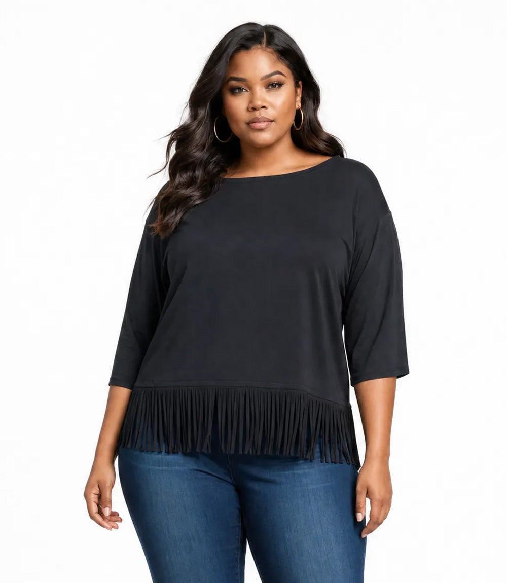 top Plus Size 3/4 Sleeve Fringe Boatneck Top