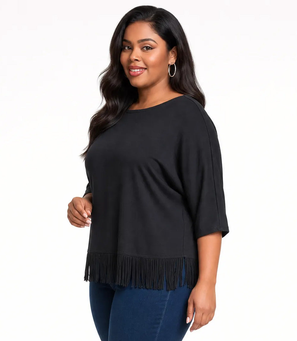 top Plus Size 3/4 Sleeve Fringe Boatneck Top