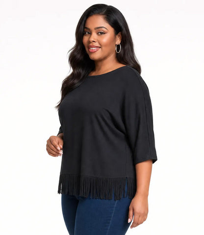 top Plus Size 3/4 Sleeve Fringe Boatneck Top