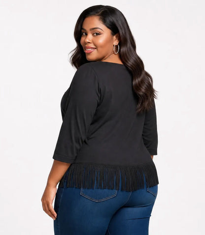 top Plus Size 3/4 Sleeve Fringe Boatneck Top