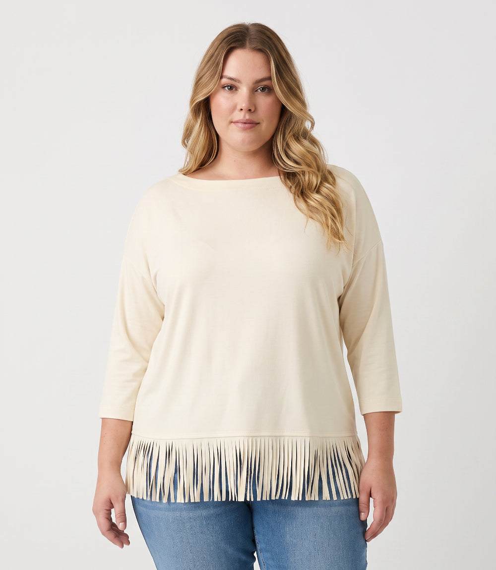 top Plus Size 3/4 Sleeve Fringe Boatneck Top