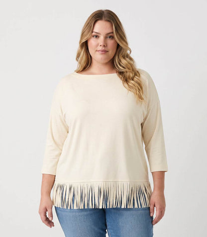 top Plus Size 3/4 Sleeve Fringe Boatneck Top