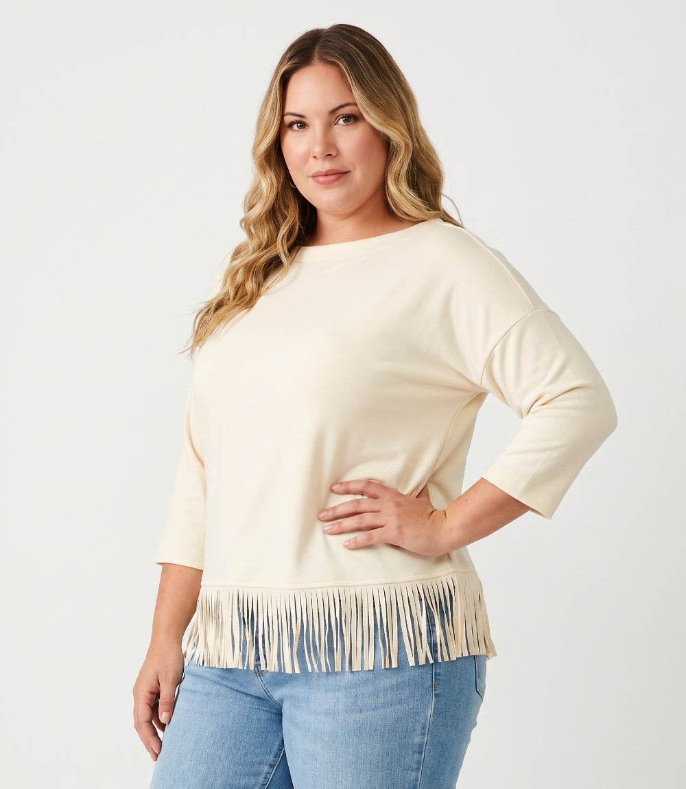 top Plus Size 3/4 Sleeve Fringe Boatneck Top